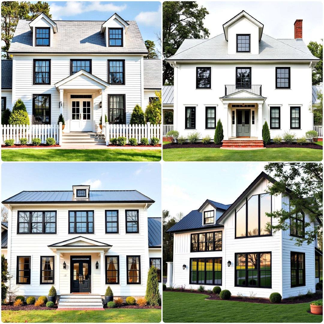 25 White Farmhouses With Black Windows That Impress